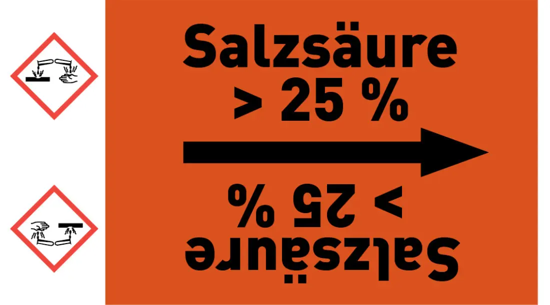 Kennzeichnungsband Salzsäure > 25 % orange/schwarz ab Ø 50 mm 33 m/Rolle