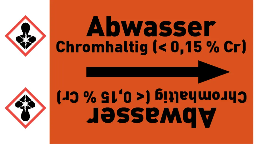 Kennzeichnungsband Abwasser Chromhaltig (< 0,15 % Cr) orange/schwarz ab Ø 50 mm 33 m/Rolle