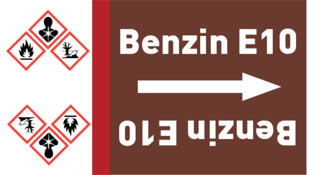 Kennzeichnungsband Benzin E10 braun/weiß bis Ø 50 mm 33 m/Rolle