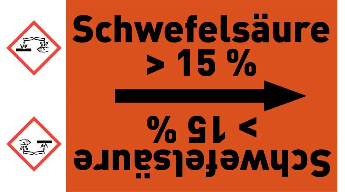 Kennzeichnungsband Schwefelsäure > 15 % orange/schwarz ab Ø 50 mm 33 m/Rolle