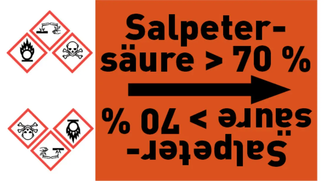 Kennzeichnungsband Salpetersäure > 70 % orange/schwarz bis Ø 50 mm 33 m/Rolle