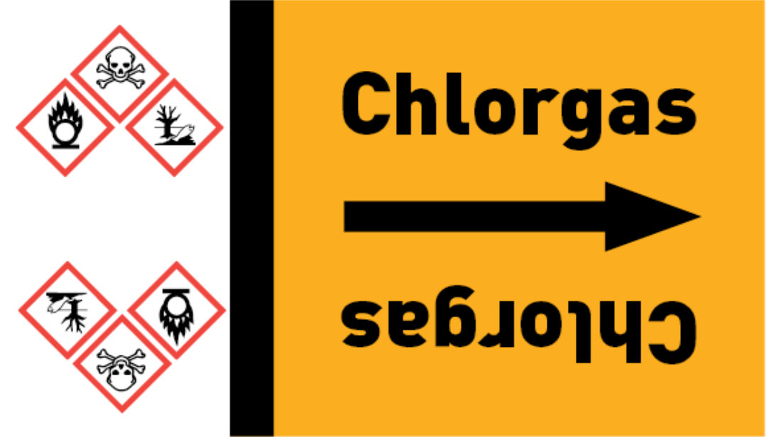 Kennzeichnungsband Chlorgas gelb/schwarz bis Ø 50 mm 33 m/Rolle