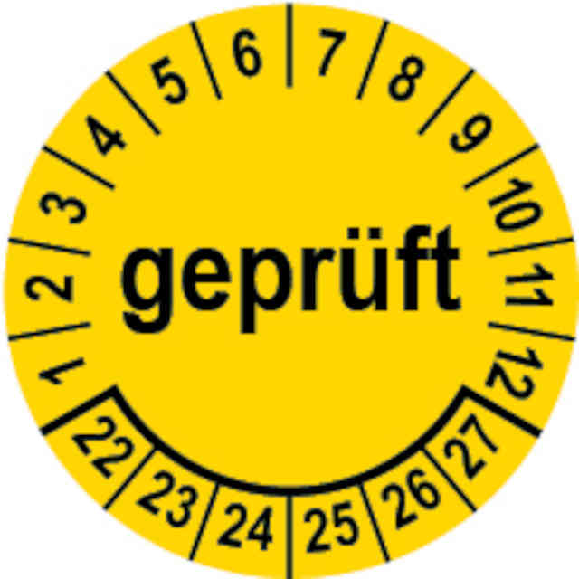 Prüfplakette Ø 20 mm "geprüft" gelb/schwarz, 1 VPE (200 Stück)