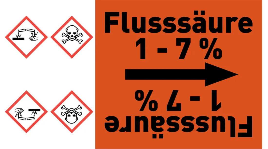 Kennzeichnungsband Flusssäure 1 - 7 % orange/schwarz ab Ø 50 mm 33 m/Rolle