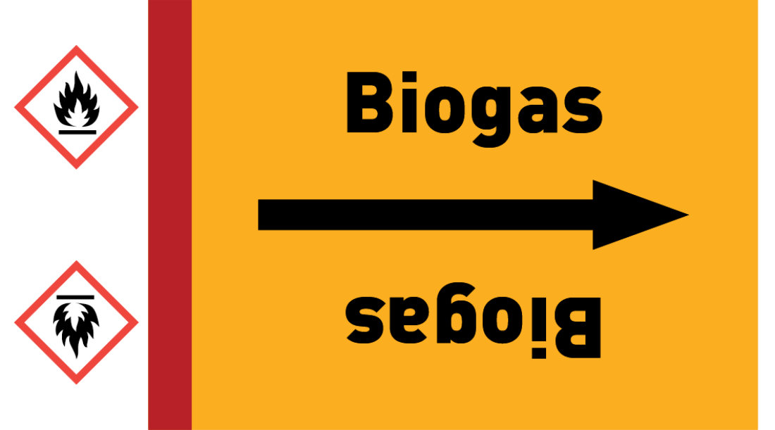 Kennzeichnungsband Biogas gelb/schwarz ab Ø 50 mm 33 m/Rolle