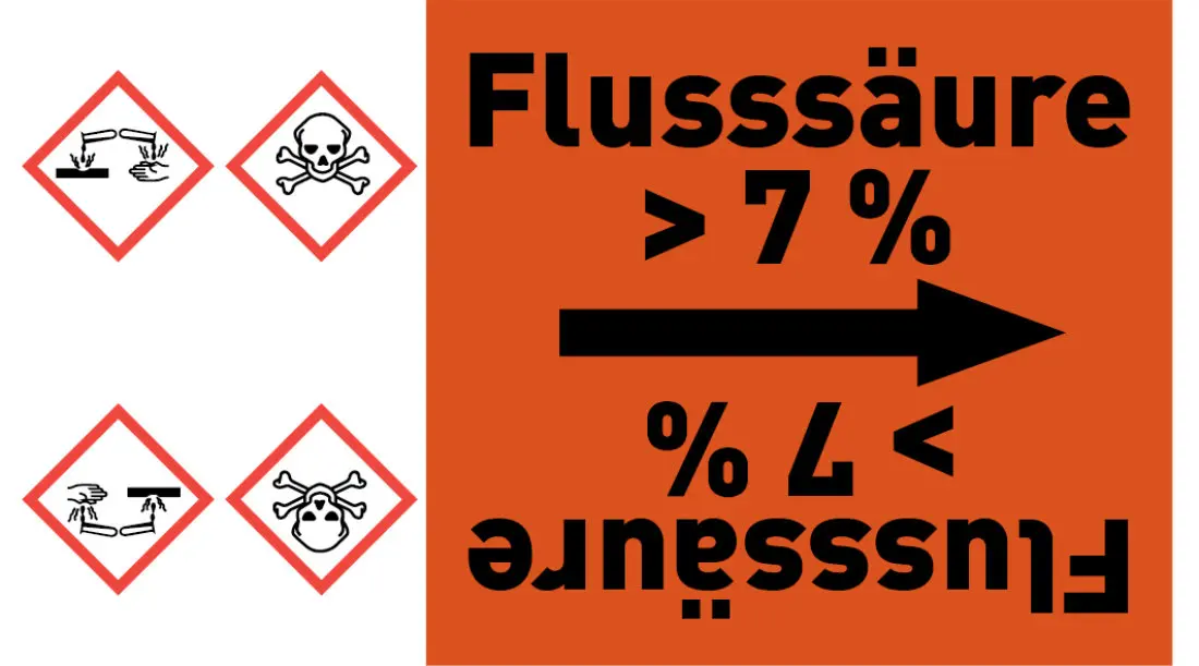 Kennzeichnungsband Flusssäure > 7 % orange/schwarz ab Ø 50 mm 33 m/Rolle