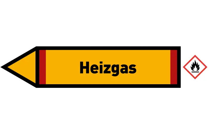 Pfeil links Heizgas gelb/schwarz 125x25 mm