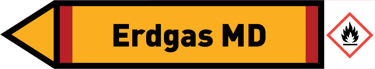 Pfeil links Erdgas MD gelb/schwarz 215x40 mm