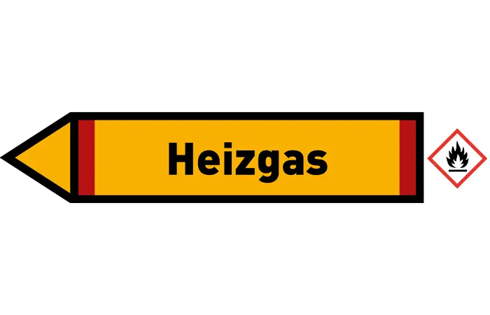 Pfeil links Heizgas gelb/schwarz 215x40 mm