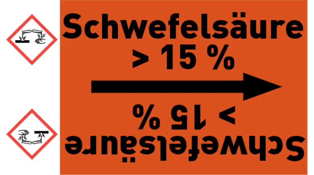 Kennzeichnungsband Schwefelsäure > 15 % orange/schwarz bis Ø 50 mm 33 m/Rolle